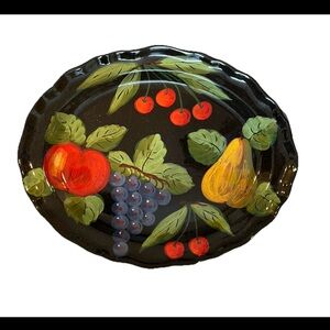 Vietri Vintage Fruit Serving Dish Black Italian Hand Painted Oval Signed Italy